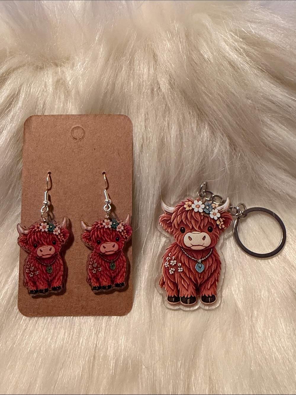 Brown & Pink Highland Cow Keychain and Earrings Set